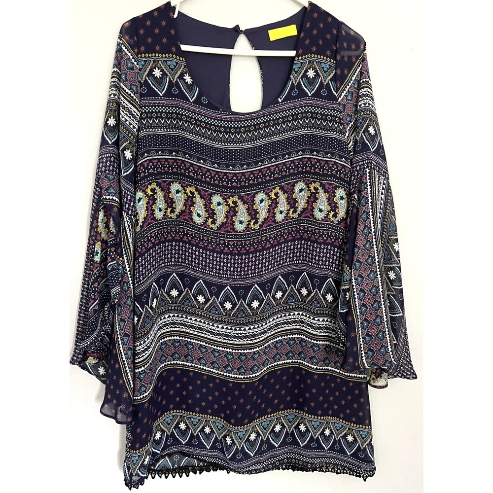Dee Elle Dress/Tunic Womens S Blue/Purple Boho Paisley Bell Sleeve Crochet Trim